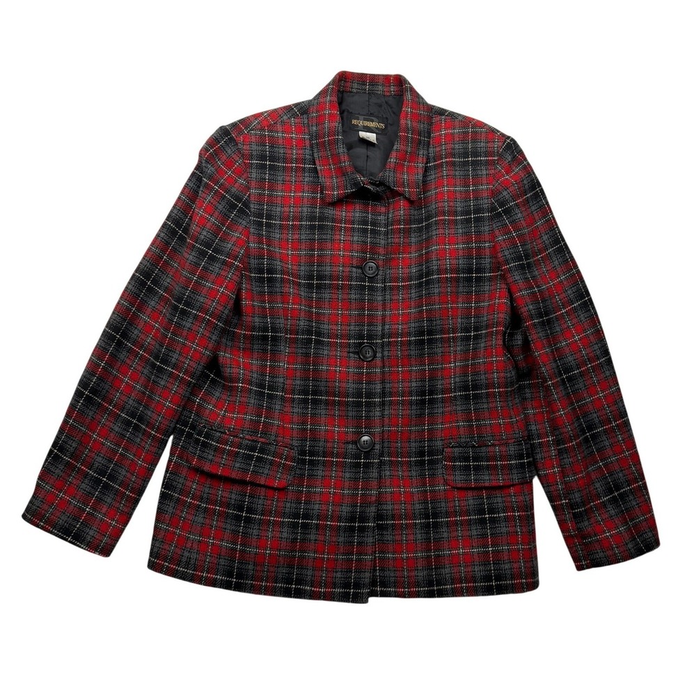 Vintage 90s Requirements Red Black Gray Plaid Blazer Jacket Tartan Preppy Small